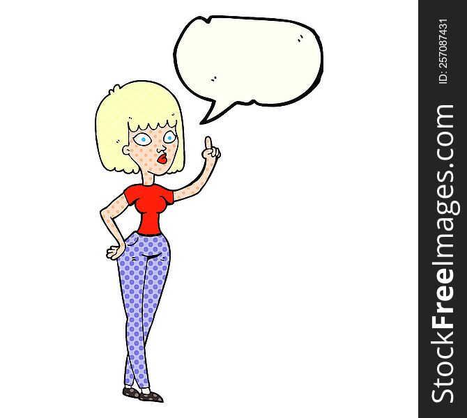freehand drawn comic book speech bubble cartoon woman with idea