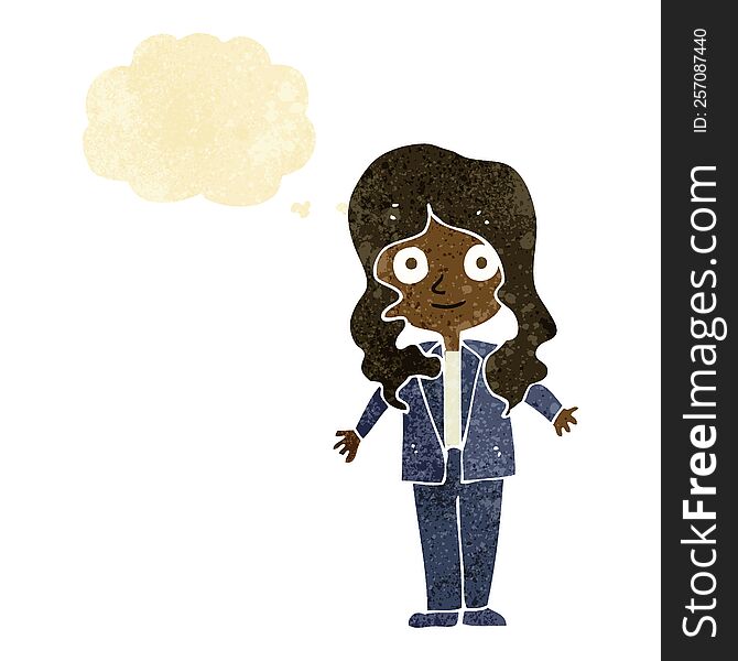 cartoon friendly business woman with thought bubble