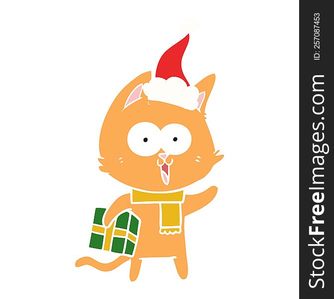 Funny Flat Color Illustration Of A Cat Wearing Santa Hat