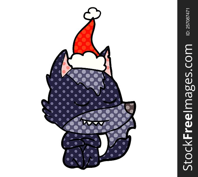 friendly hand drawn comic book style illustration of a wolf sitting wearing santa hat