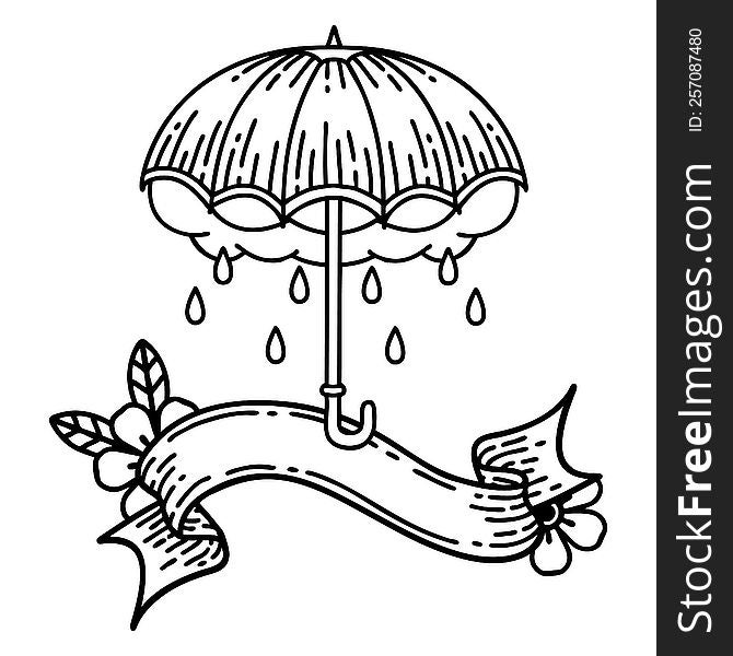 traditional black linework tattoo with banner of an umbrella and storm cloud