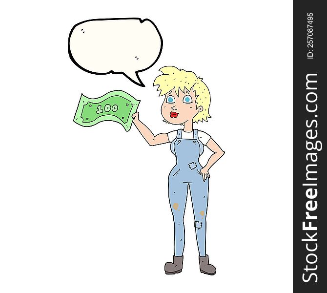 freehand drawn speech bubble cartoon confident farmer woman with money