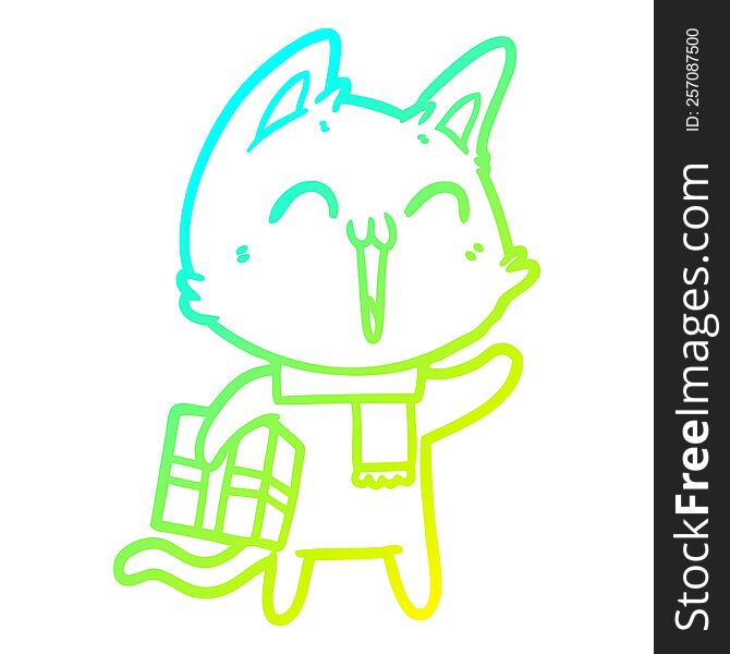 cold gradient line drawing of a happy cartoon cat with christmas gift