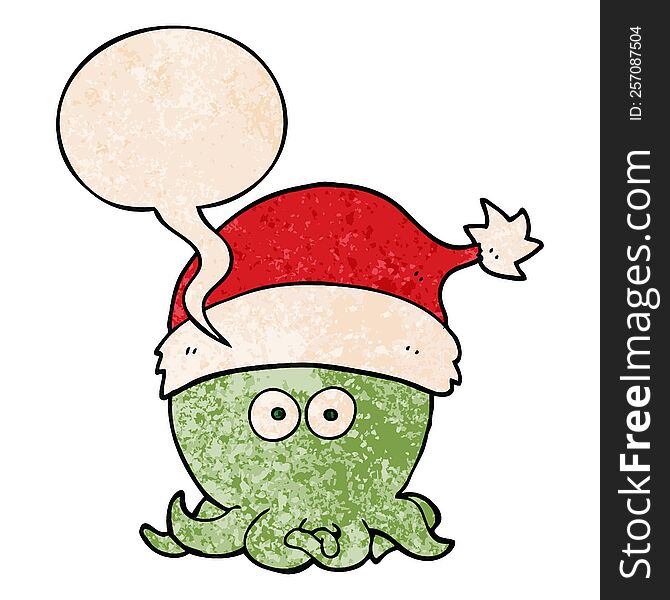 cartoon octopus wearing christmas hat with speech bubble in retro texture style