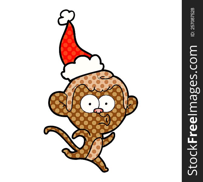 hand drawn comic book style illustration of a surprised monkey wearing santa hat