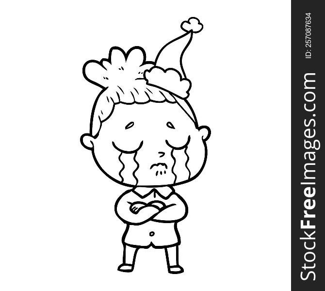 Line Drawing Of A Crying Woman Wearing Santa Hat