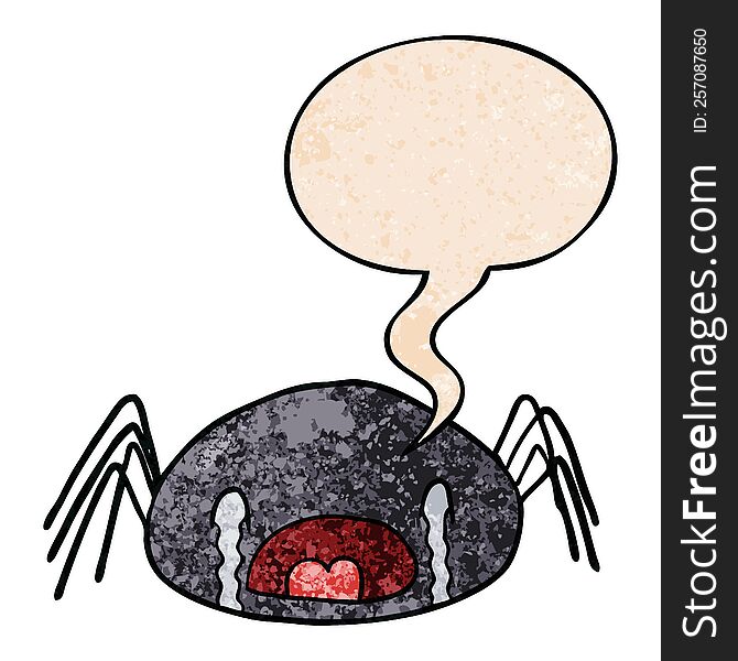 Cartoon Halloween Spider Crying And Speech Bubble In Retro Texture Style