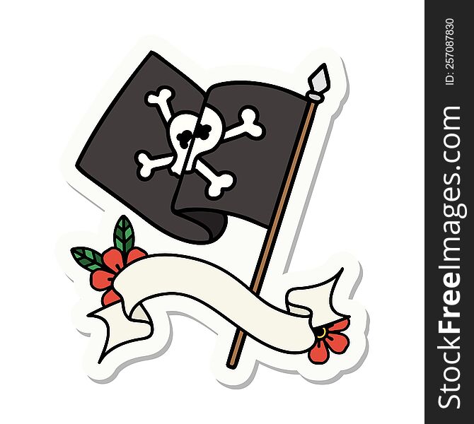 tattoo style sticker with banner of a pirate flag