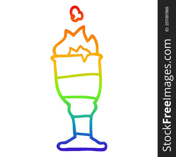 rainbow gradient line drawing of a cartoon flaming golden cup