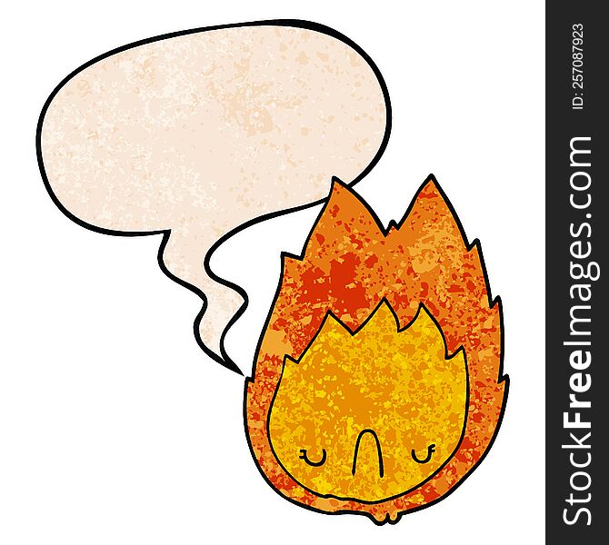 cartoon unhappy flame with speech bubble in retro texture style
