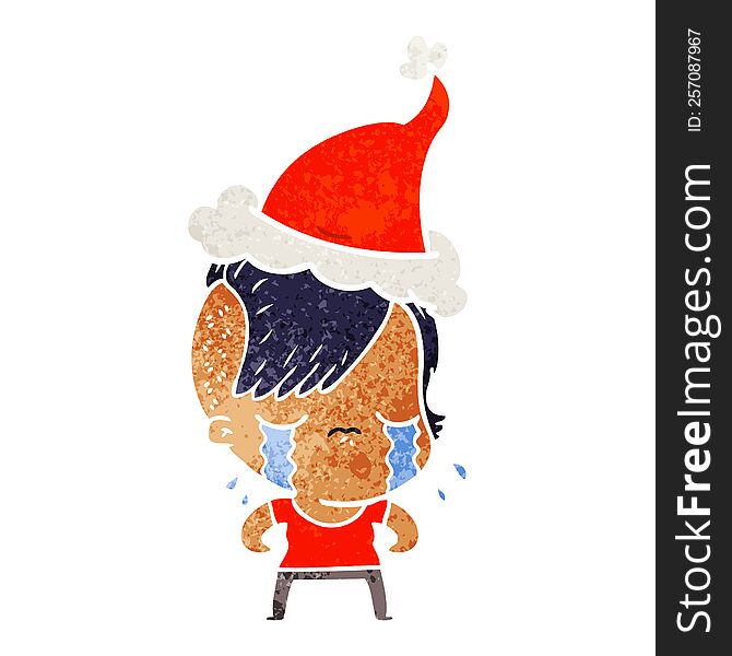 Retro Cartoon Of A Crying Girl Wearing Santa Hat