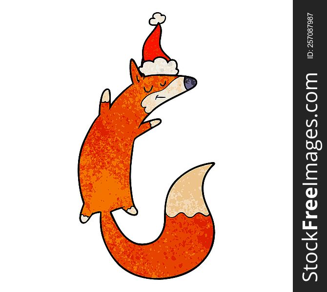 textured cartoon of a jumping fox wearing santa hat