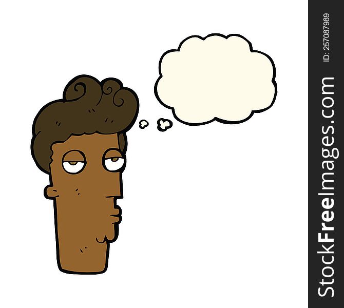cartoon bored man\'s face with thought bubble