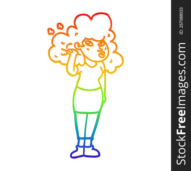 rainbow gradient line drawing of a cartoon girl playing with hair