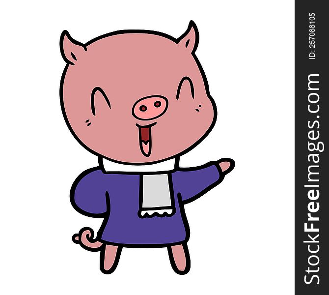 happy cartoon pig in winter clothes. happy cartoon pig in winter clothes