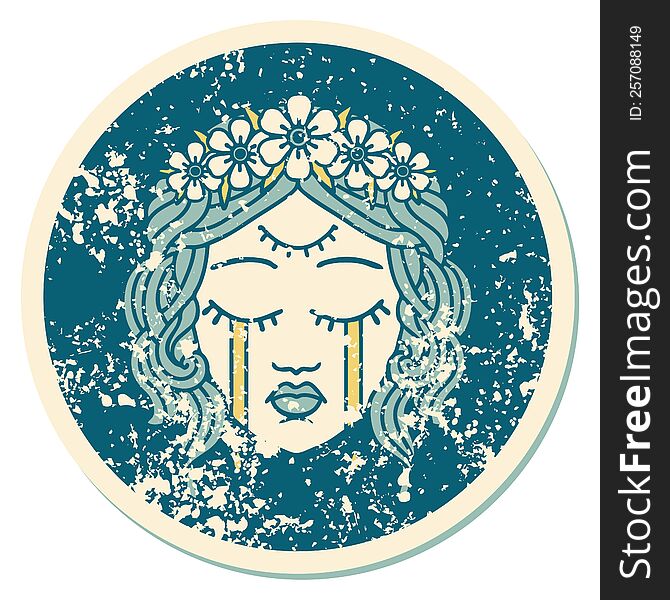 iconic distressed sticker tattoo style image of female face with third eye and crown of flowers cyring. iconic distressed sticker tattoo style image of female face with third eye and crown of flowers cyring