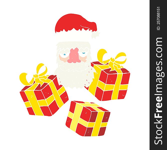 flat color illustration of a cartoon tired santa claus face with presents