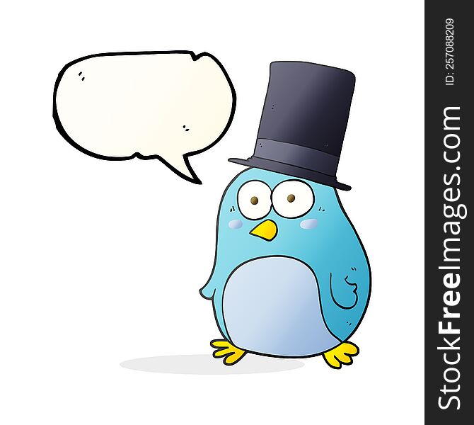 freehand drawn speech bubble cartoon bird wearing top hat