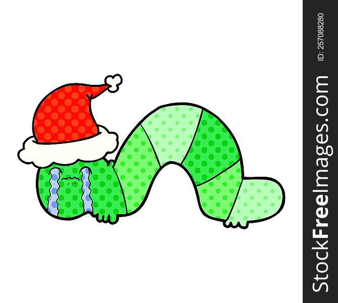 hand drawn comic book style illustration of a caterpillar obsessing over his regrets wearing santa hat