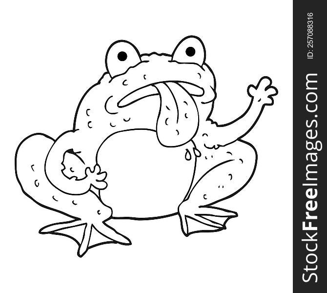 freehand drawn black and white cartoon frog