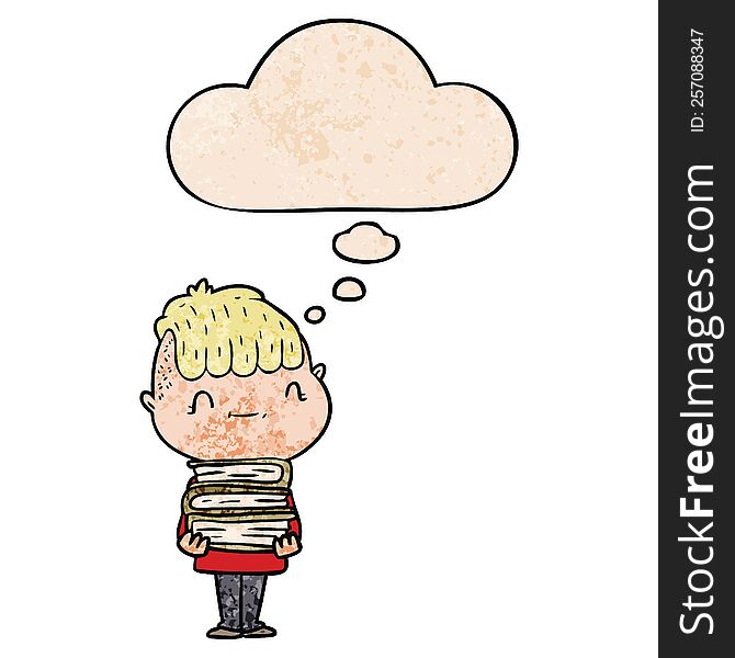 cartoon friendly boy with books with thought bubble in grunge texture style. cartoon friendly boy with books with thought bubble in grunge texture style
