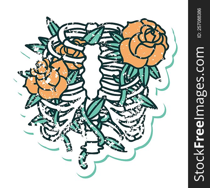 Distressed Sticker Tattoo Style Icon Of A Rib Cage And Flowers
