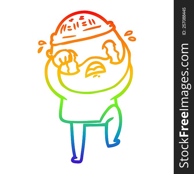 rainbow gradient line drawing of a cartoon bearded man crying and stamping foot