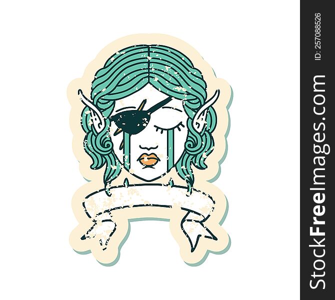 Retro Tattoo Style crying elf rogue character face with banner. Retro Tattoo Style crying elf rogue character face with banner