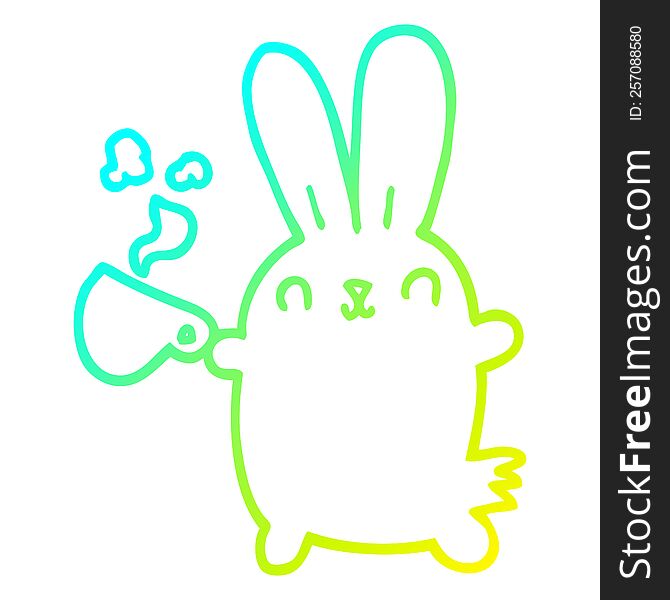 cold gradient line drawing of a cute cartoon rabbit with coffee cup