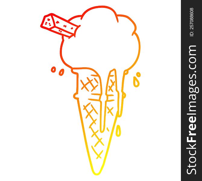 warm gradient line drawing of a cartoon ice cream melting