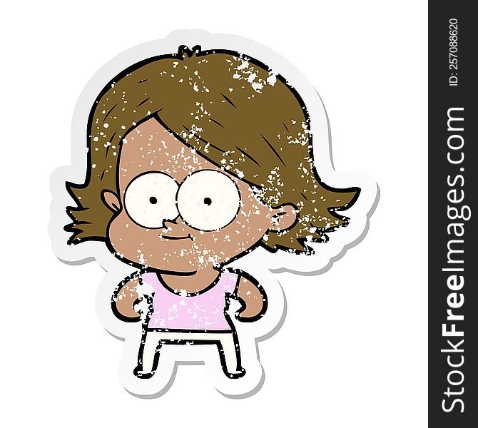distressed sticker of a happy cartoon girl