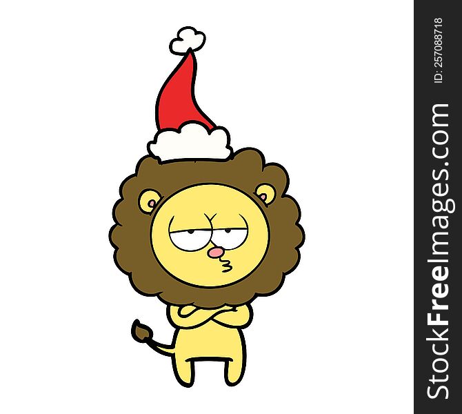 hand drawn line drawing of a tired lion wearing santa hat