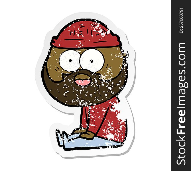 Distressed Sticker Of A Cartoon Bearded Man Sitting