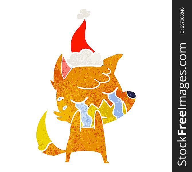 Crying Fox Retro Cartoon Of A Wearing Santa Hat