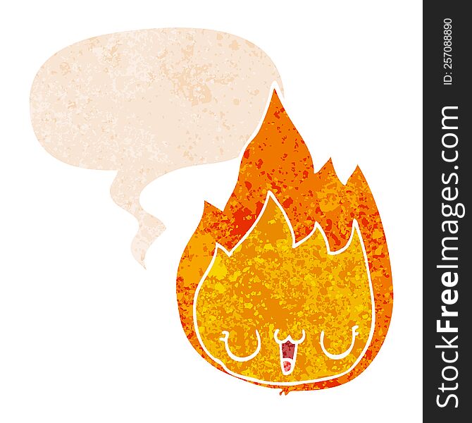 cartoon flame with face with speech bubble in grunge distressed retro textured style. cartoon flame with face with speech bubble in grunge distressed retro textured style