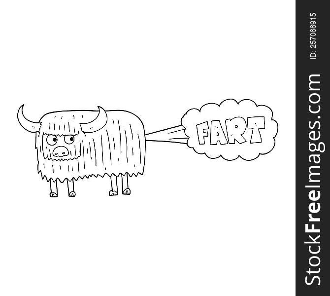 freehand drawn black and white cartoon hairy cow farting