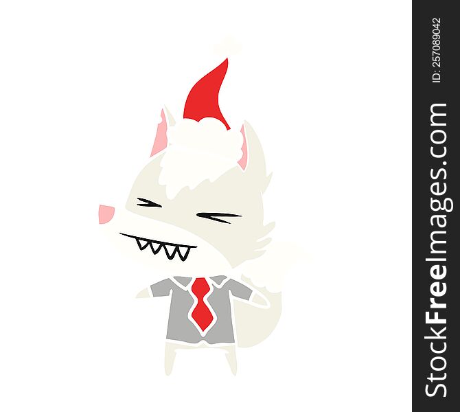 Angry Wolf Boss Flat Color Illustration Of A Wearing Santa Hat