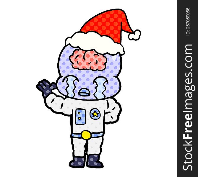 Comic Book Style Illustration Of A Big Brain Alien Crying Wearing Santa Hat