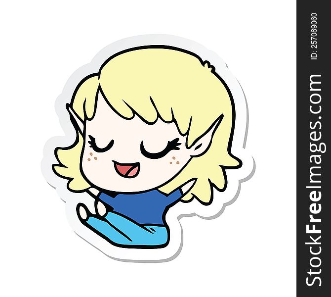 sticker of a happy cartoon elf girl sitting