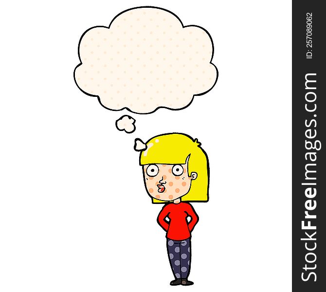 cartoon woman staring with thought bubble in comic book style