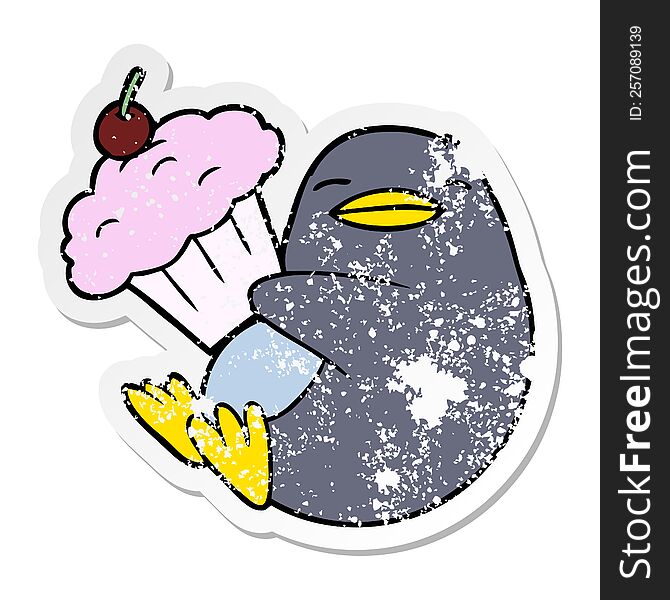 Distressed Sticker Of A Cartoon Penguin With Cupcake