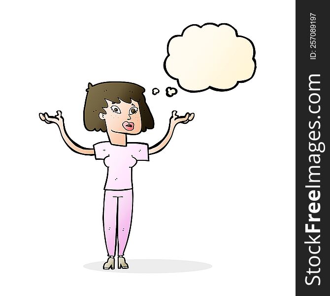 cartoon woman holding up hands with thought bubble