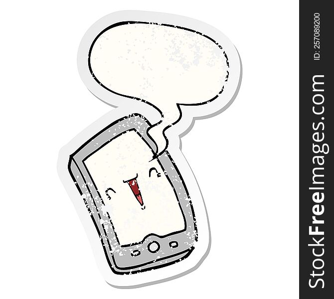 Cute Cartoon Mobile Phone And Speech Bubble Distressed Sticker