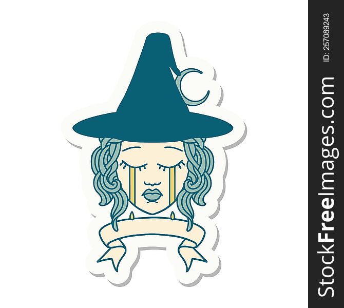 sticker of a crying human witch with banner. sticker of a crying human witch with banner