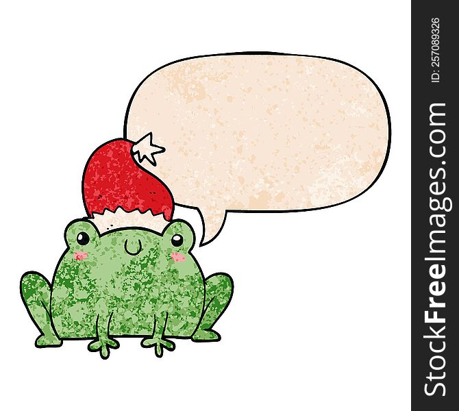 cute cartoon christmas frog with speech bubble in retro texture style