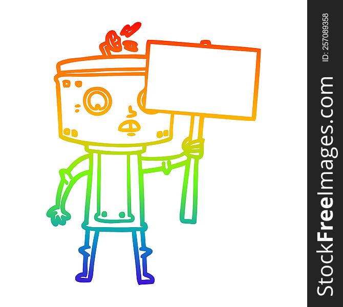 Rainbow Gradient Line Drawing Cartoon Robot With Blank Sign