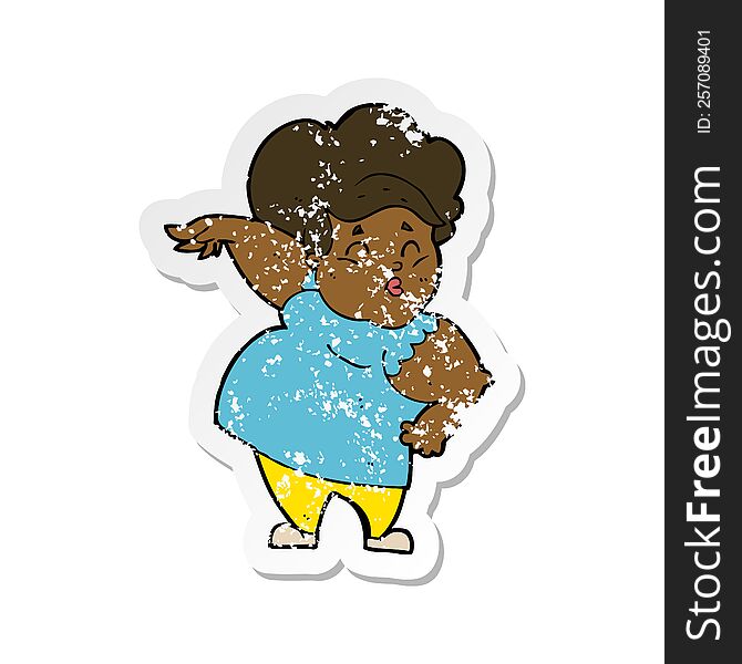 retro distressed sticker of a cartoon happy overweight lady
