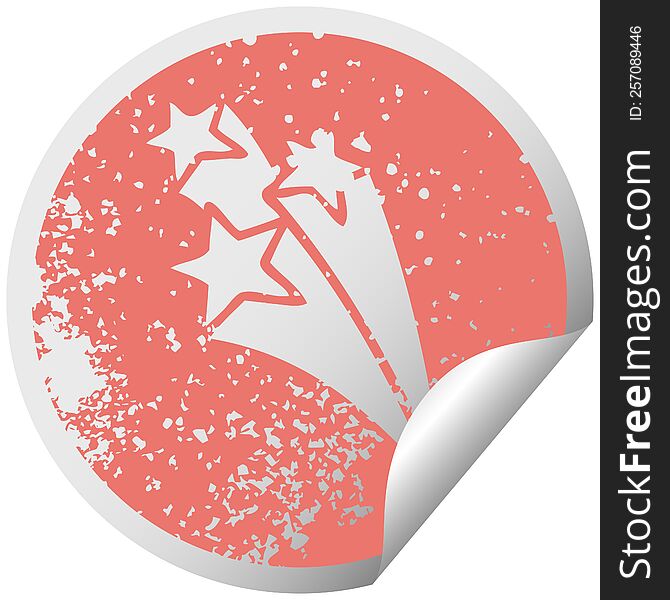 distressed circular peeling sticker symbol of a shooting stars