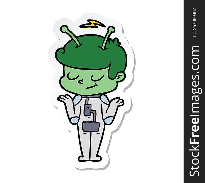 Sticker Of A Friendly Cartoon Spaceman Shrugging
