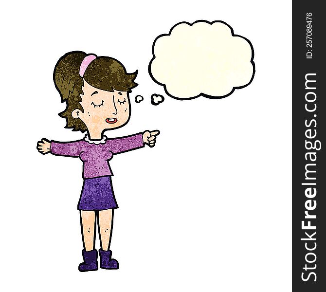Cartoon Happy Woman Pointing With Thought Bubble